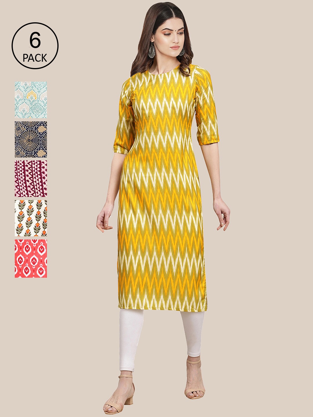 

7Threads Women Pack of 6 Geometric Printed Crepe Kurta, Yellow