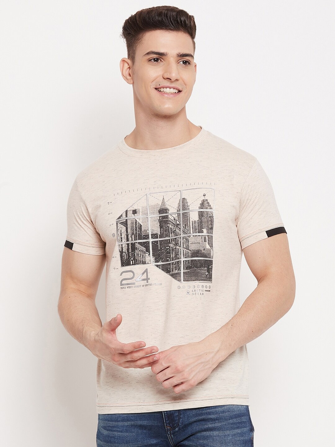 

Duke Men Beige Graphic Printed Slim Fit T-shirt