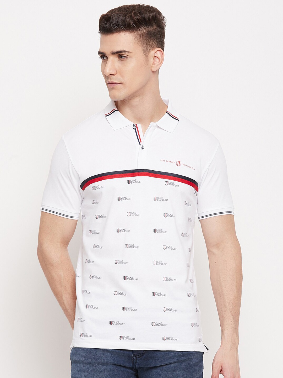 

Duke Men White Conversational Printed Polo Collar Slim Fit T-shirt
