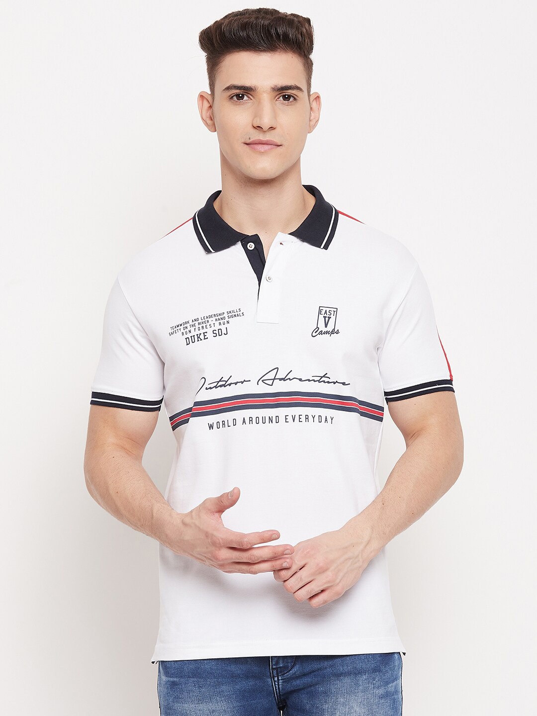 

Duke Men White Typography Printed Polo Collar Slim Fit T-shirt