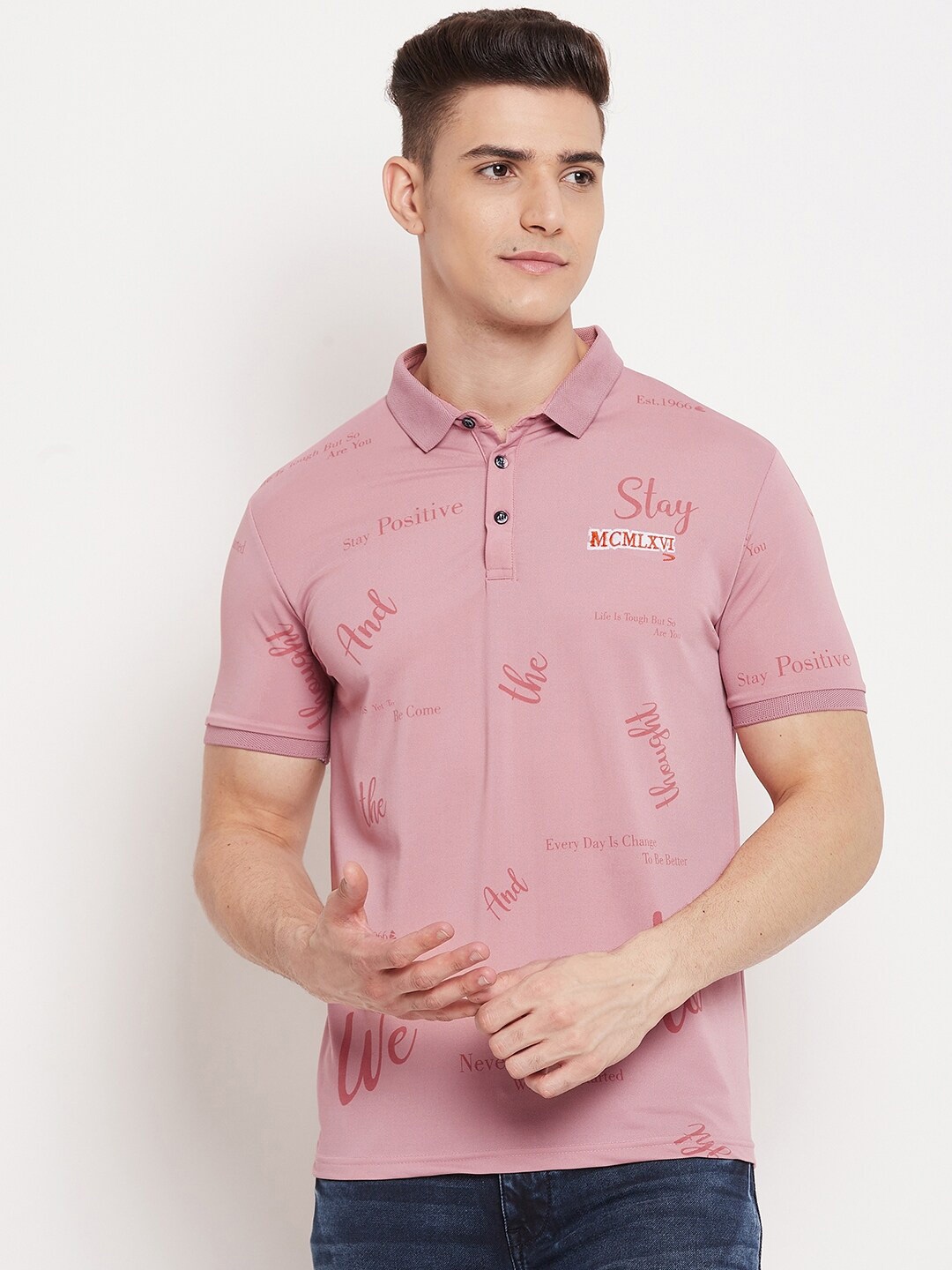 

Duke Men Pink Typography Printed Polo Collar Slim Fit T-shirt