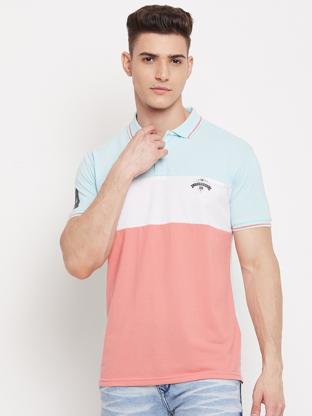 

Duke Men Peach-Coloured & Turquoise Blue Colourblocked Polo Collar Slim Fit Cotton T-shirt