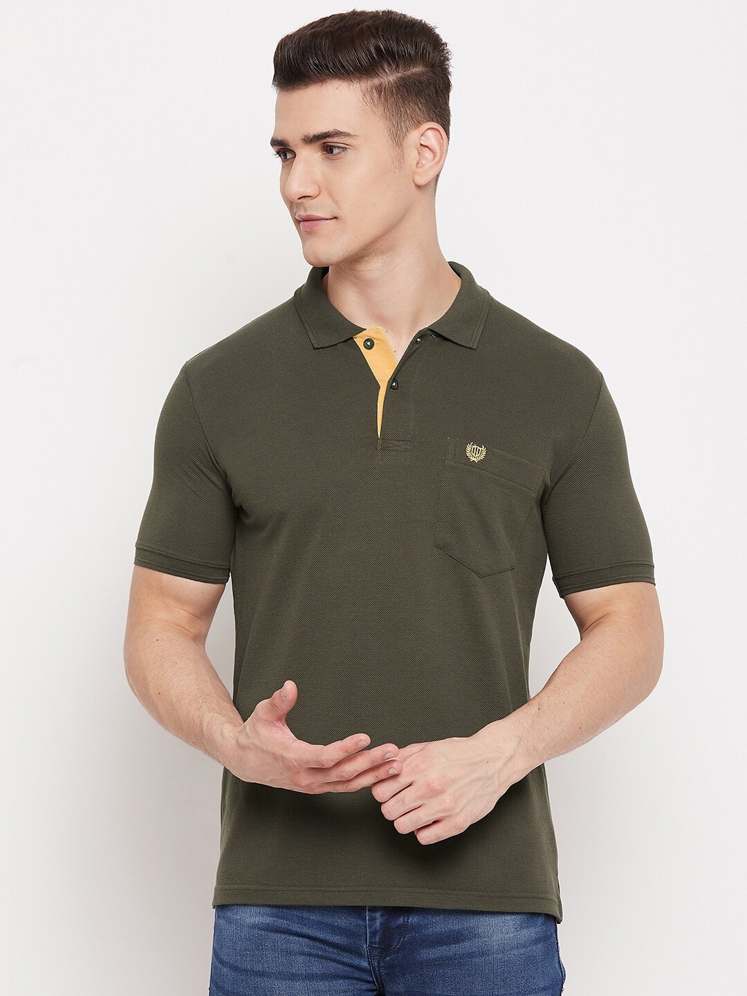 

Duke Men Olive Green Polo Collar Cotton T-shirt