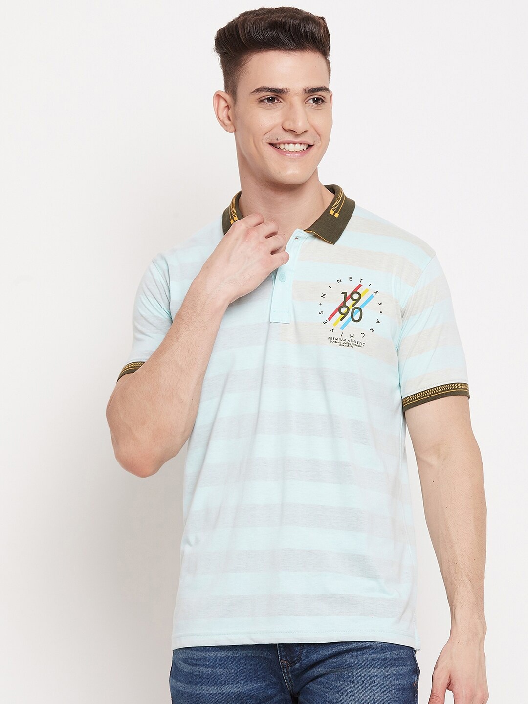 

Duke Men Blue & Grey Striped Polo Collar Slim Fit Cotton T-shirt