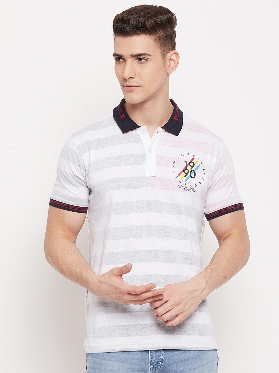 

Duke Men Multicoloured Striped Polo Collar Slim Fit T-shirt, White