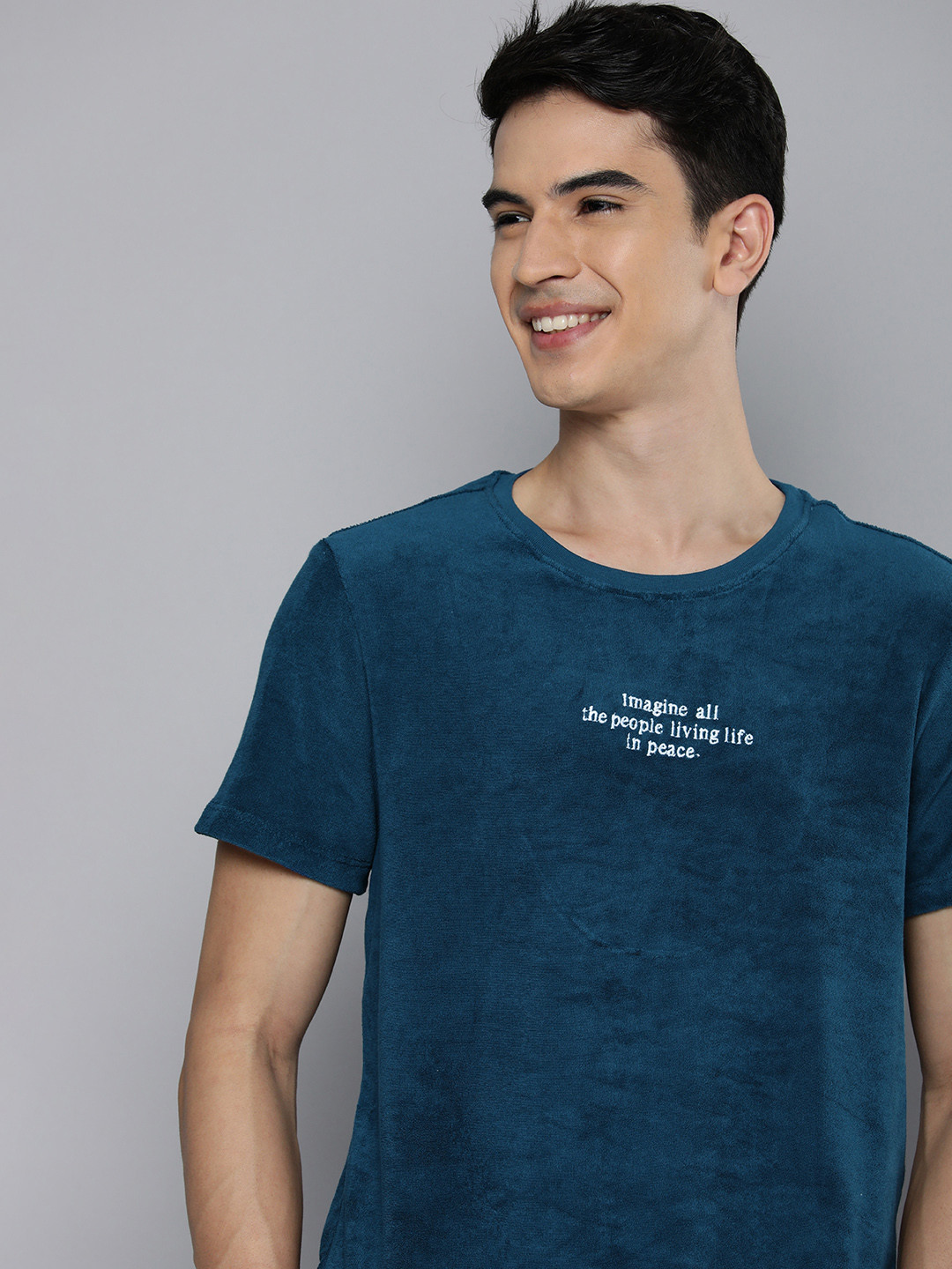 

M&H Easy Men Blue Typography Embroidered Casual T-shirt