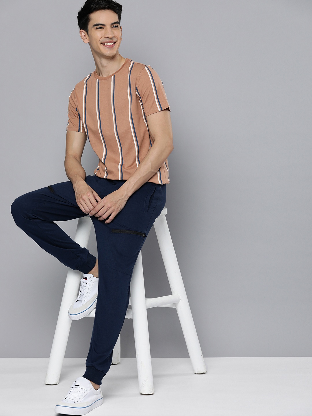 

M&H Easy Men Camel Brown & Blue Striped Pure Cotton T-shirt