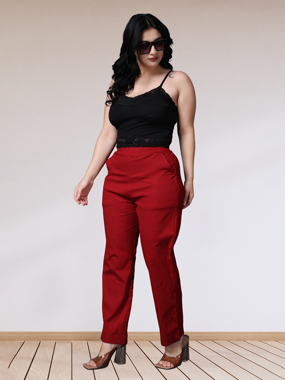 APELLA Women Plus Size Trousers, Maroon