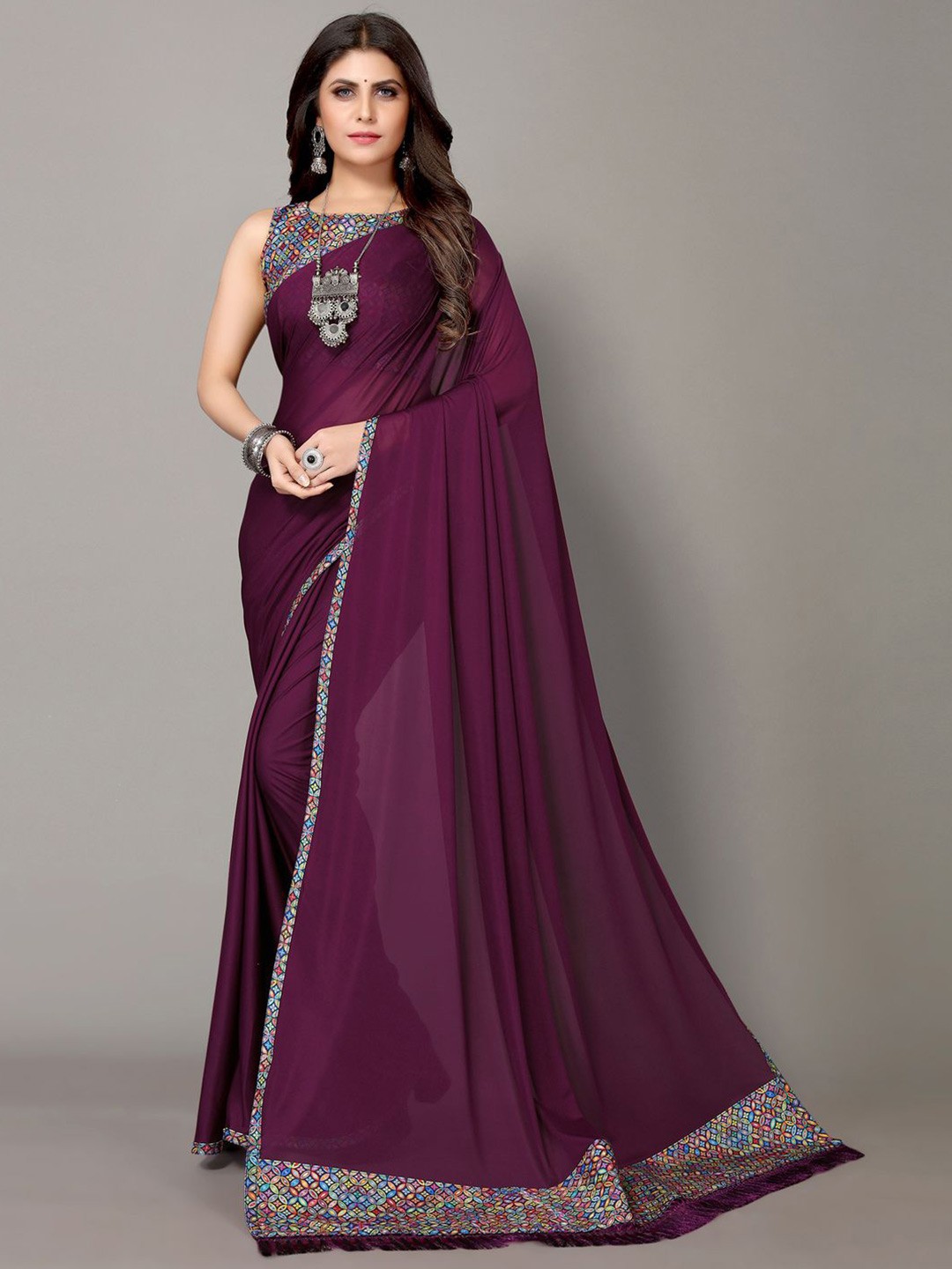 

KALINI Women Purple Solid Lycra Saree With Unstitched Blouse Piece