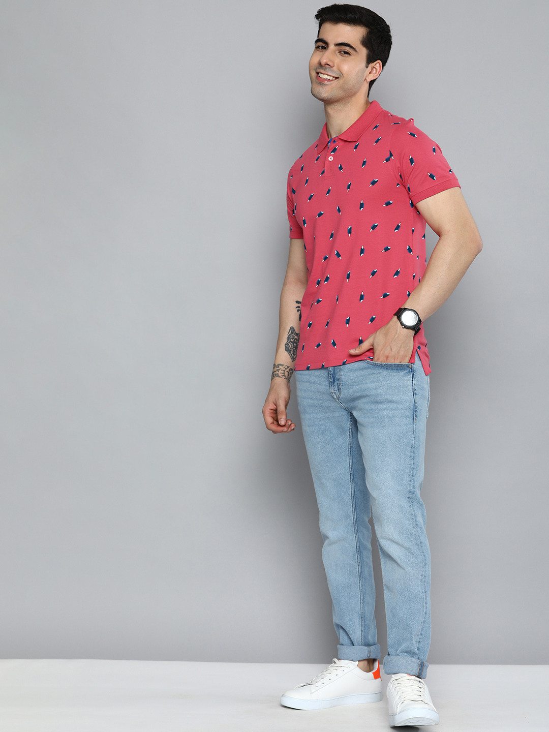 

Mast & Harbour Men Pure Cotton Printed Polo Collar T-shirt, Pink