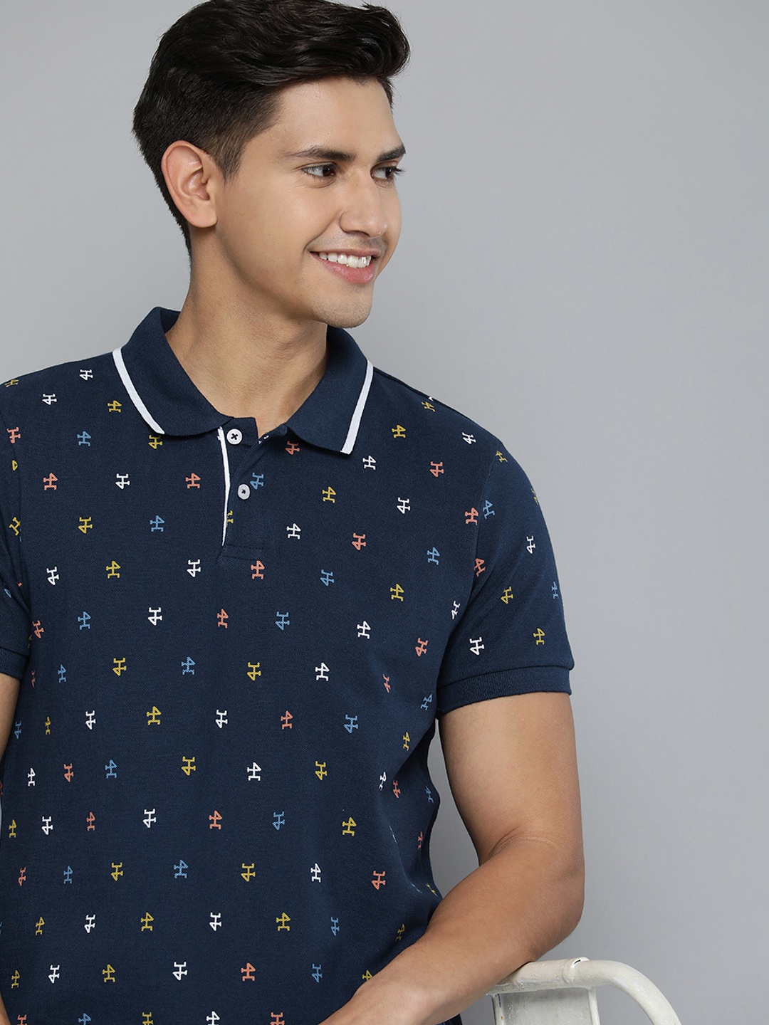 

Mast & Harbour Men Typography Printed Polo Collar Pure Cotton T-shirt, Navy blue