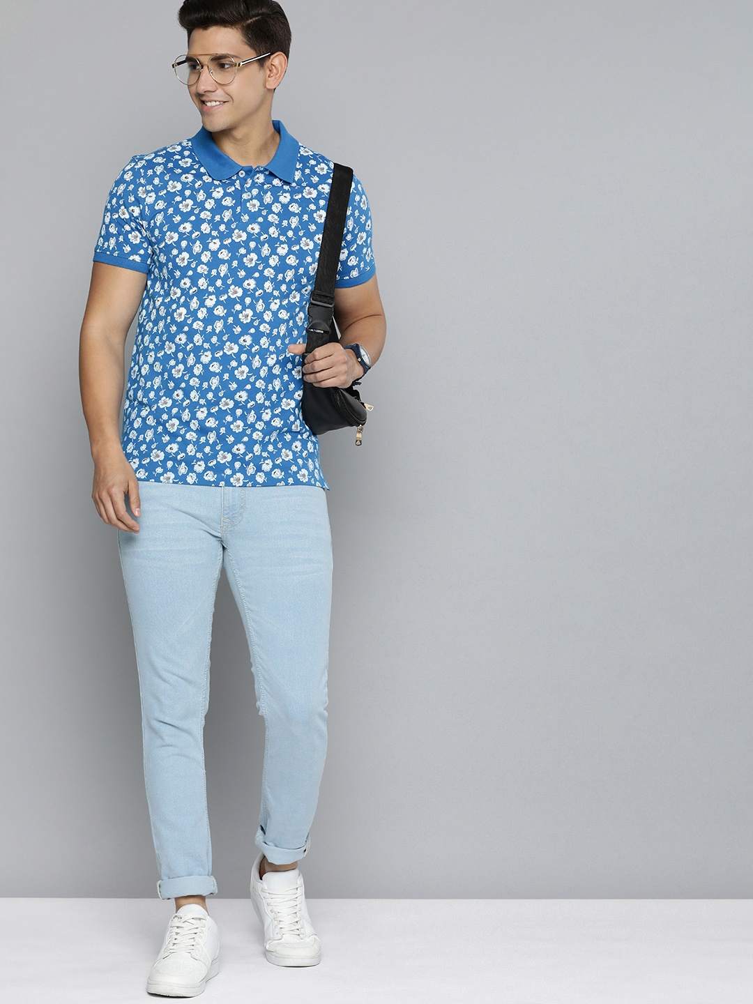 

Mast & Harbour Men Pure Cotton Floral Printed Polo Collar T-shirt, Blue