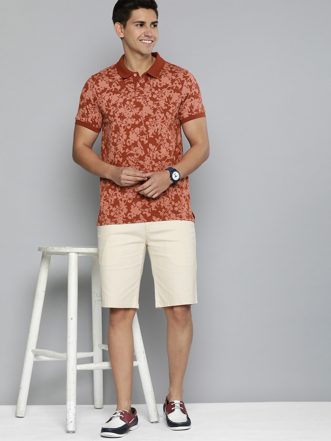 

Mast & Harbour Men Pure Cotton Floral Printed Polo Collar T-shirt, Rust