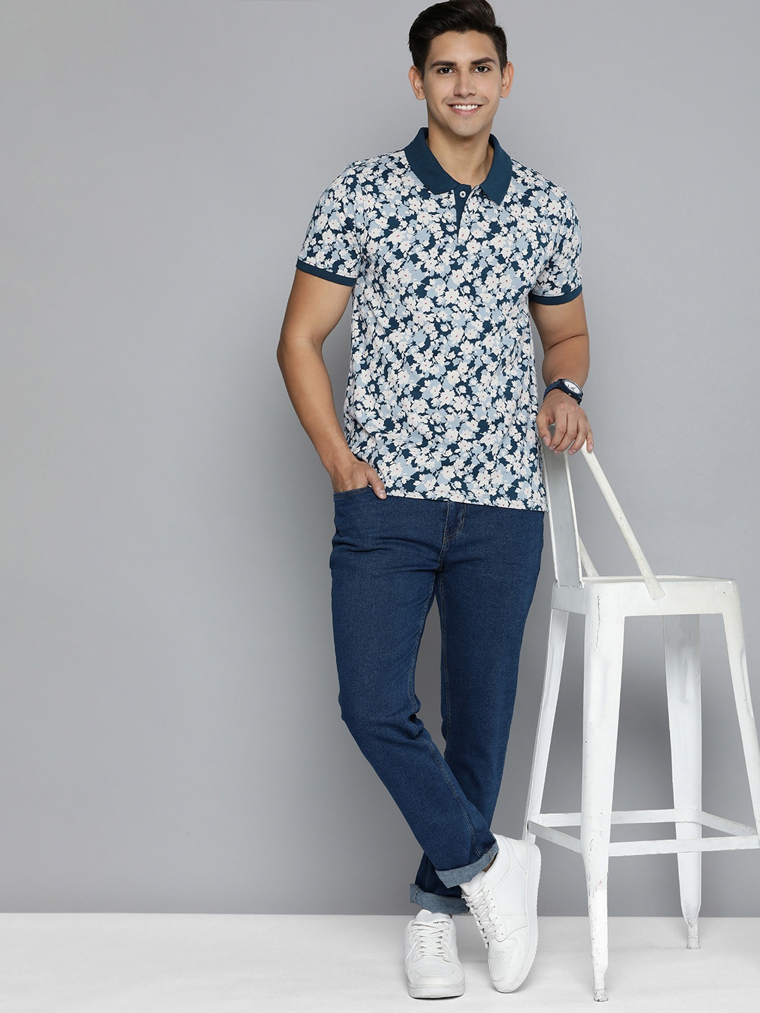 

Mast & Harbour Men Pure Cotton Floral Printed Polo Collar T-shirt, Teal