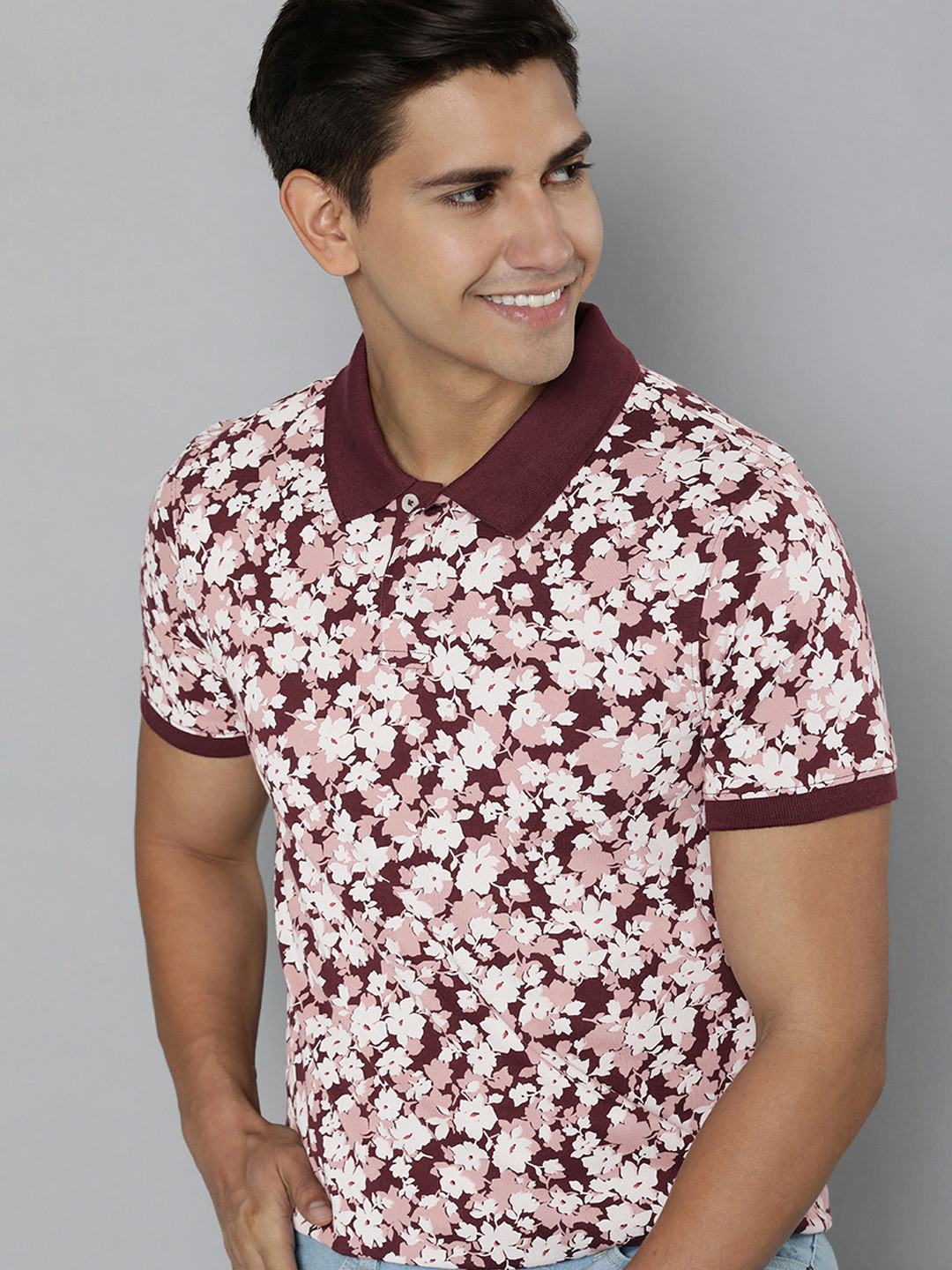 

Mast & Harbour Men Pure Cotton Floral Printed Polo Collar T-shirt, Burgundy
