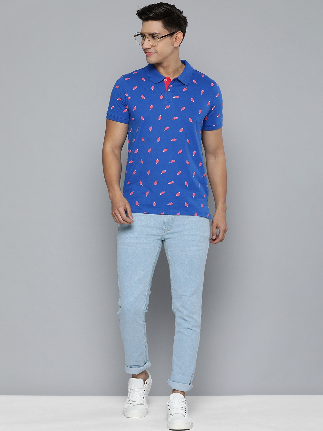 

Mast & Harbour Men Printed Polo Collar Pure Cotton T-shirt, Blue