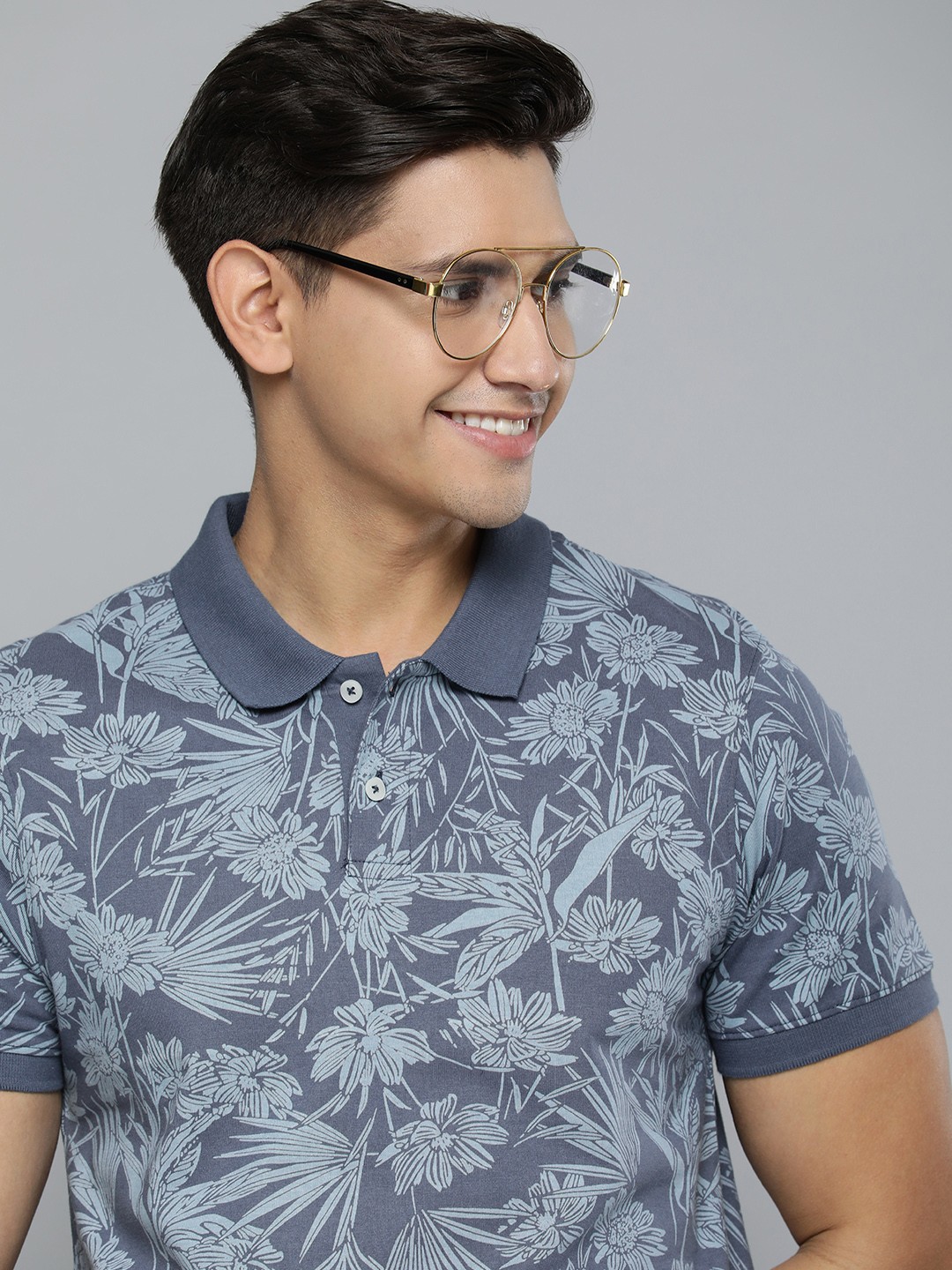 

Mast & Harbour Men Floral Printed Polo Collar Pure Cotton T-shirt, Grey