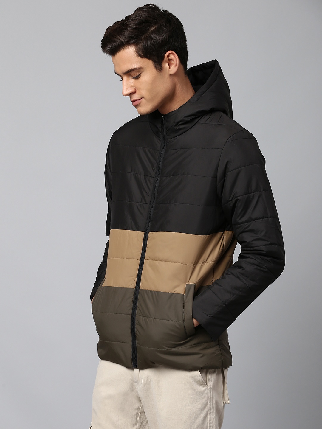 

Dennis Lingo Men Black Brown Colourblocked Insulator Outdoor Puffer Jacket