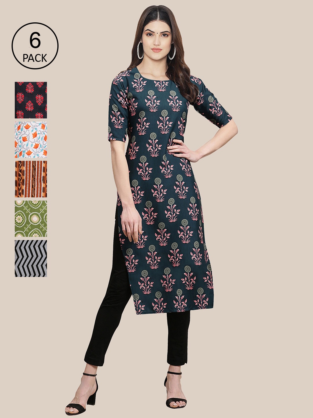 7Threads Women Pack of 6 Floral Printed Summer Sheers Crepe Kurta, Navy blue