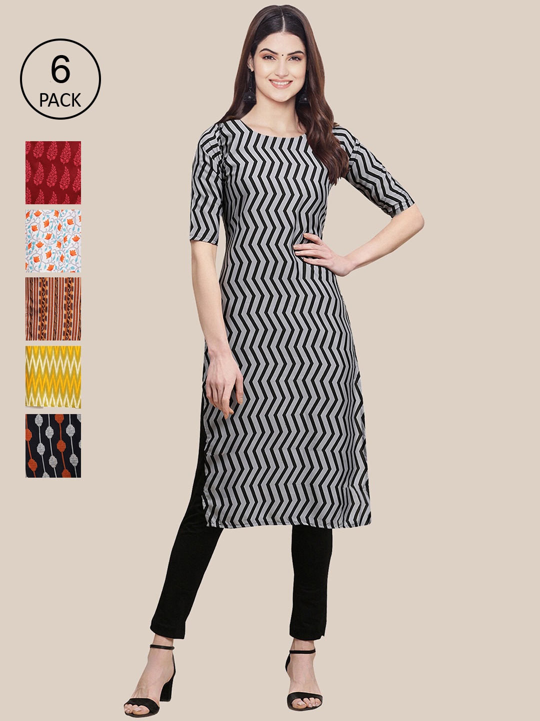 

7Threads Women Pack Of 6 Floral Printed Summer Sheers Crepe Kurta, Black