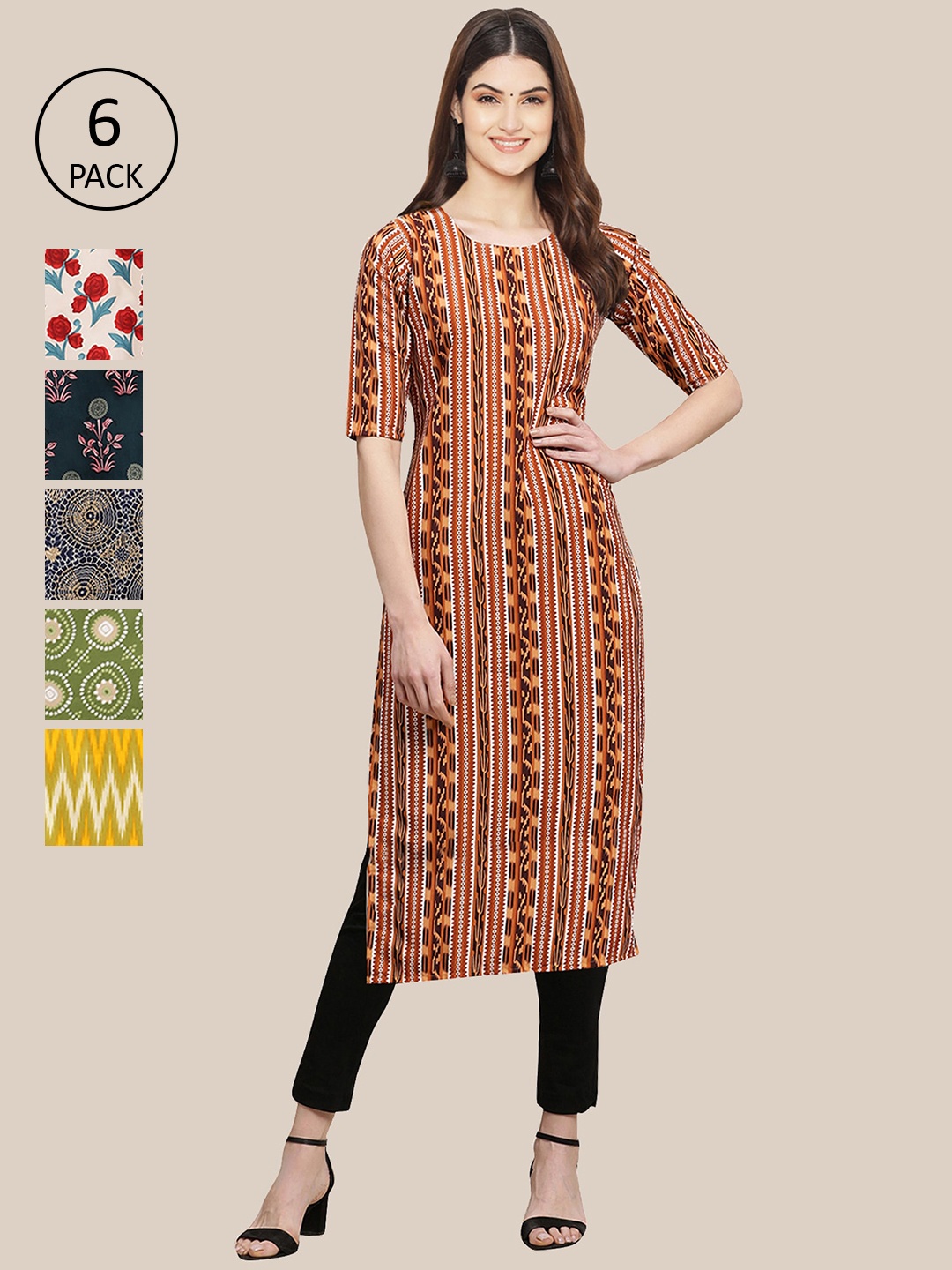 

7Threads Women Pack Of 6 Multicoloured Ethnic Motifs Printed Crepe Kurta, Multi