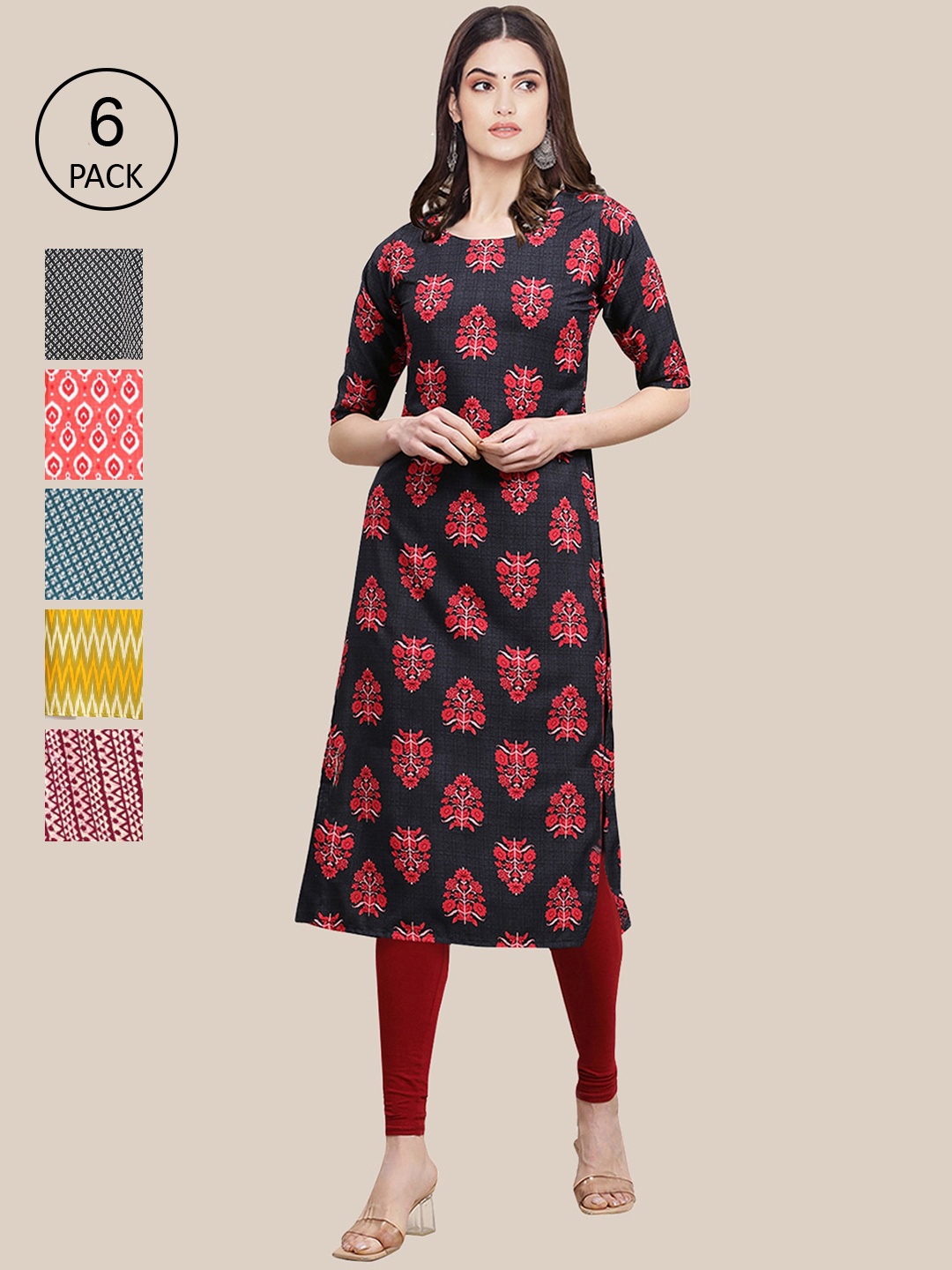 

7Threads Women Pack of 6 Printed Crepe Kurta, Yellow