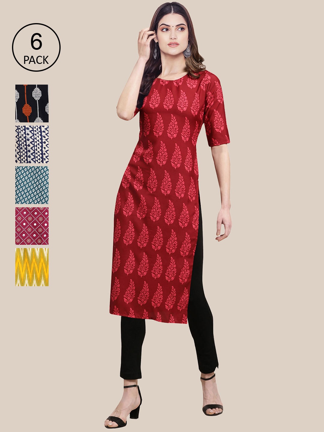 

7Threads Pack Of 6 Women Red & Black Printed Crepe Kurta