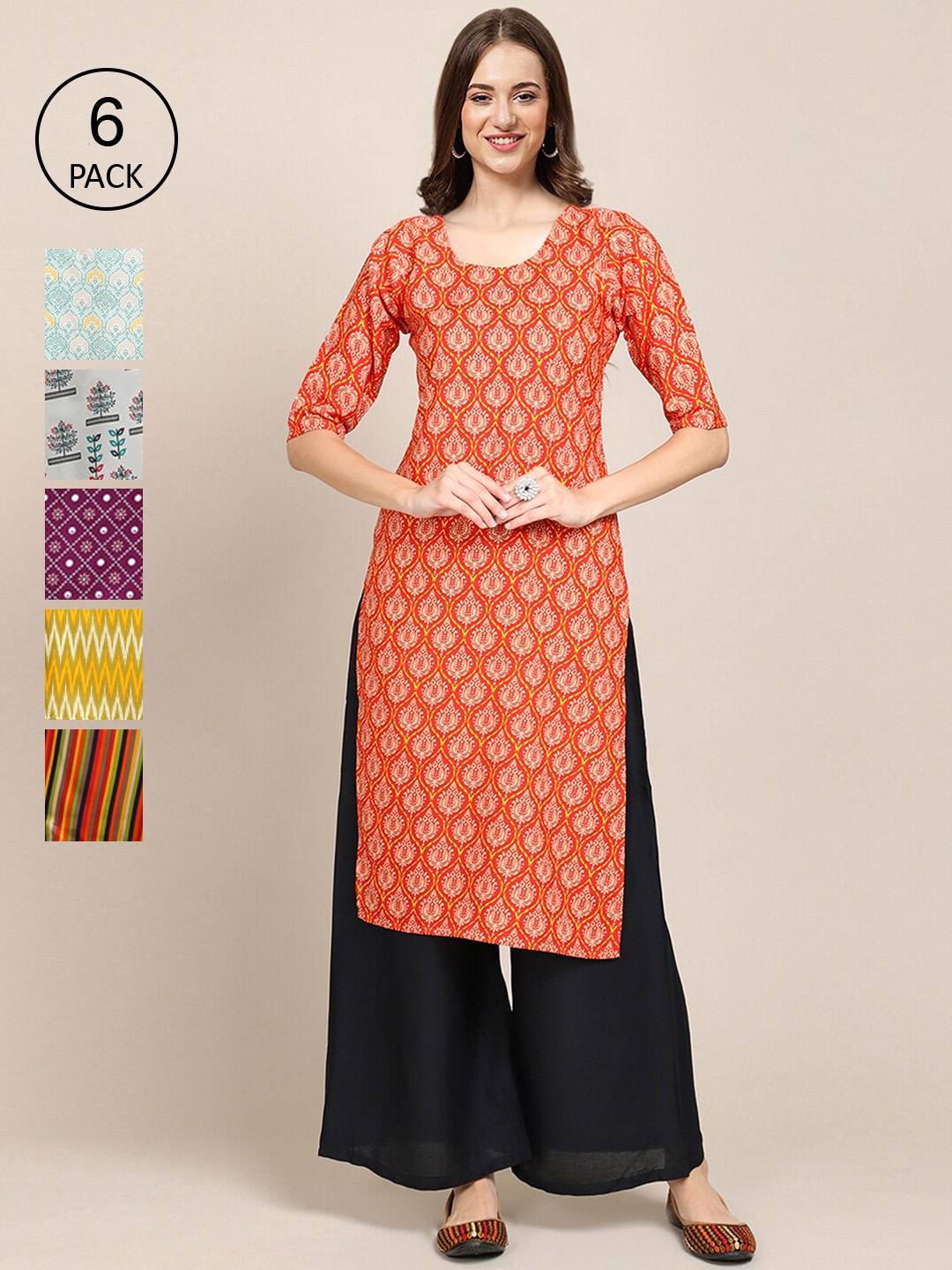 

7Threads Pack Of 6 Women Printed Crepe Kurta, Red