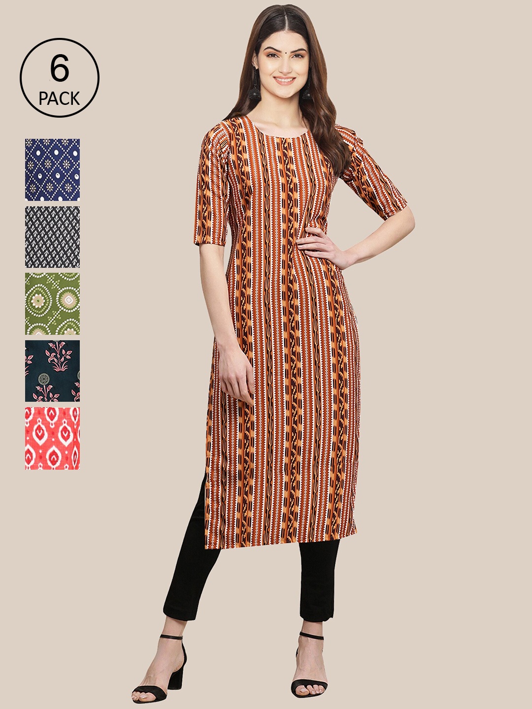 7Threads Women Pack Of 6 Geometric Printed Crepe Kurta, Orange