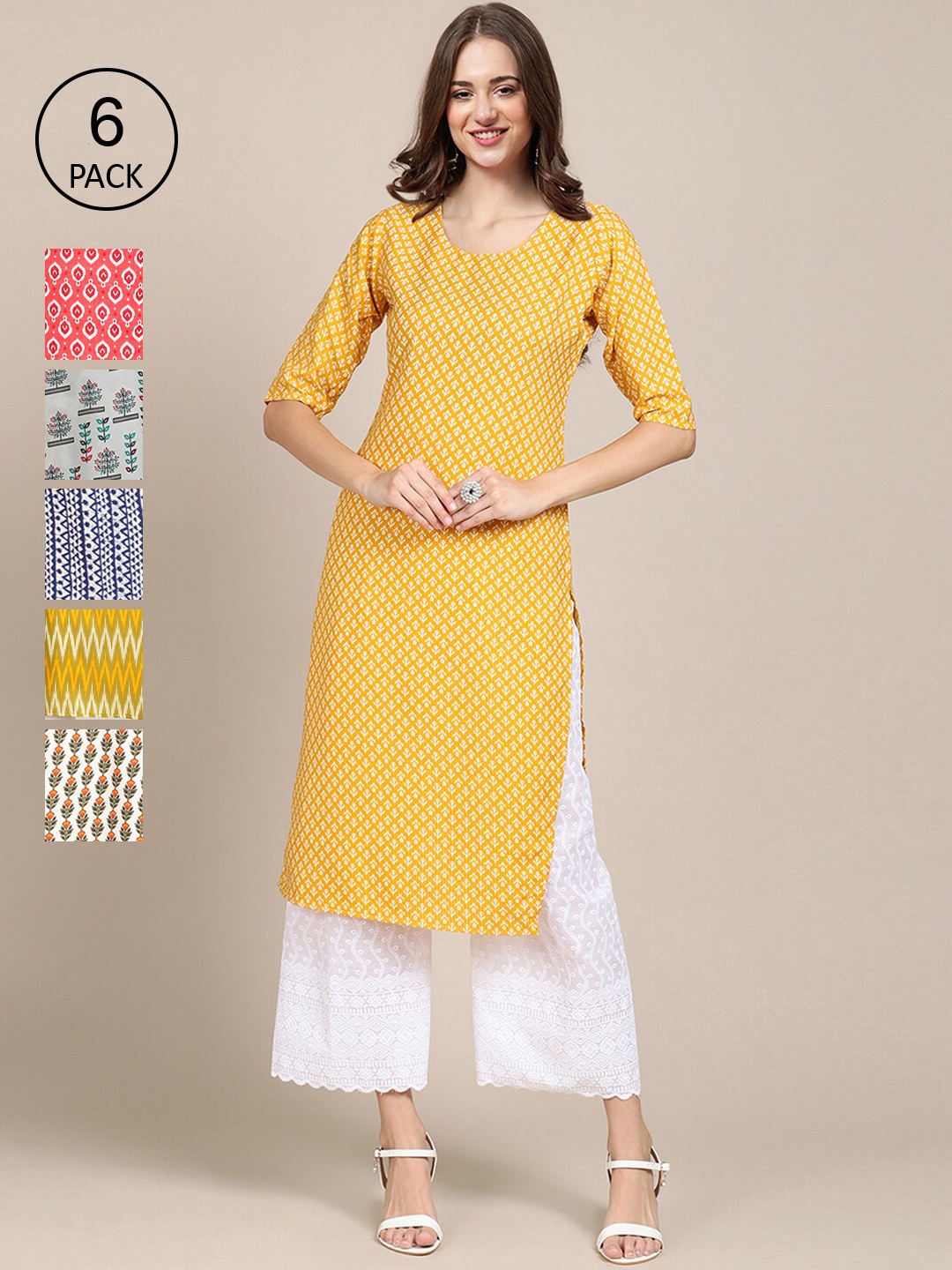 

7Threads Women Pack Of 6 Ethnic Motifs Printed Crepe Kurta, Yellow