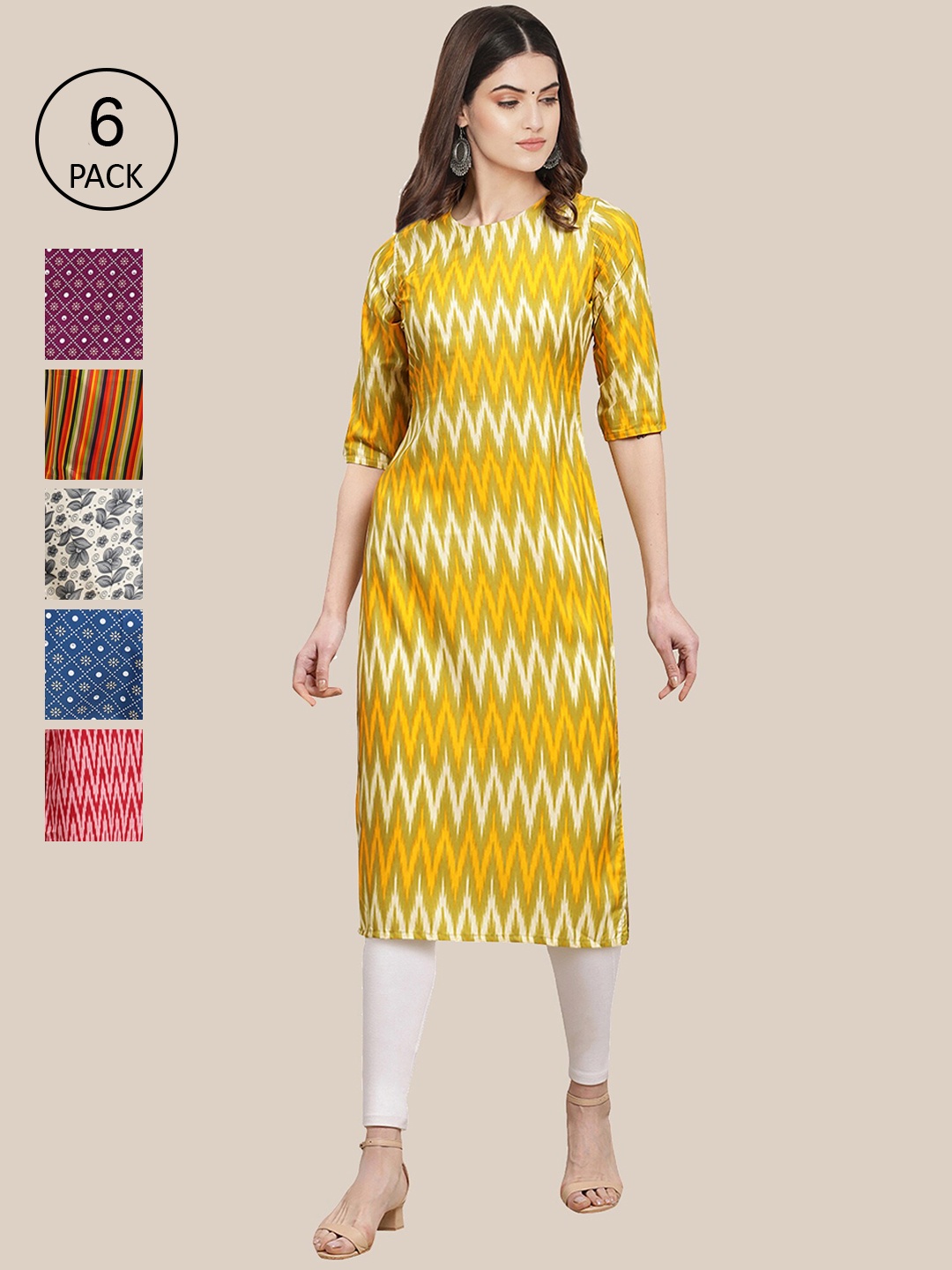 7Threads Women Pack Of 6 Summer Sheers Crepe Kurta, Yellow