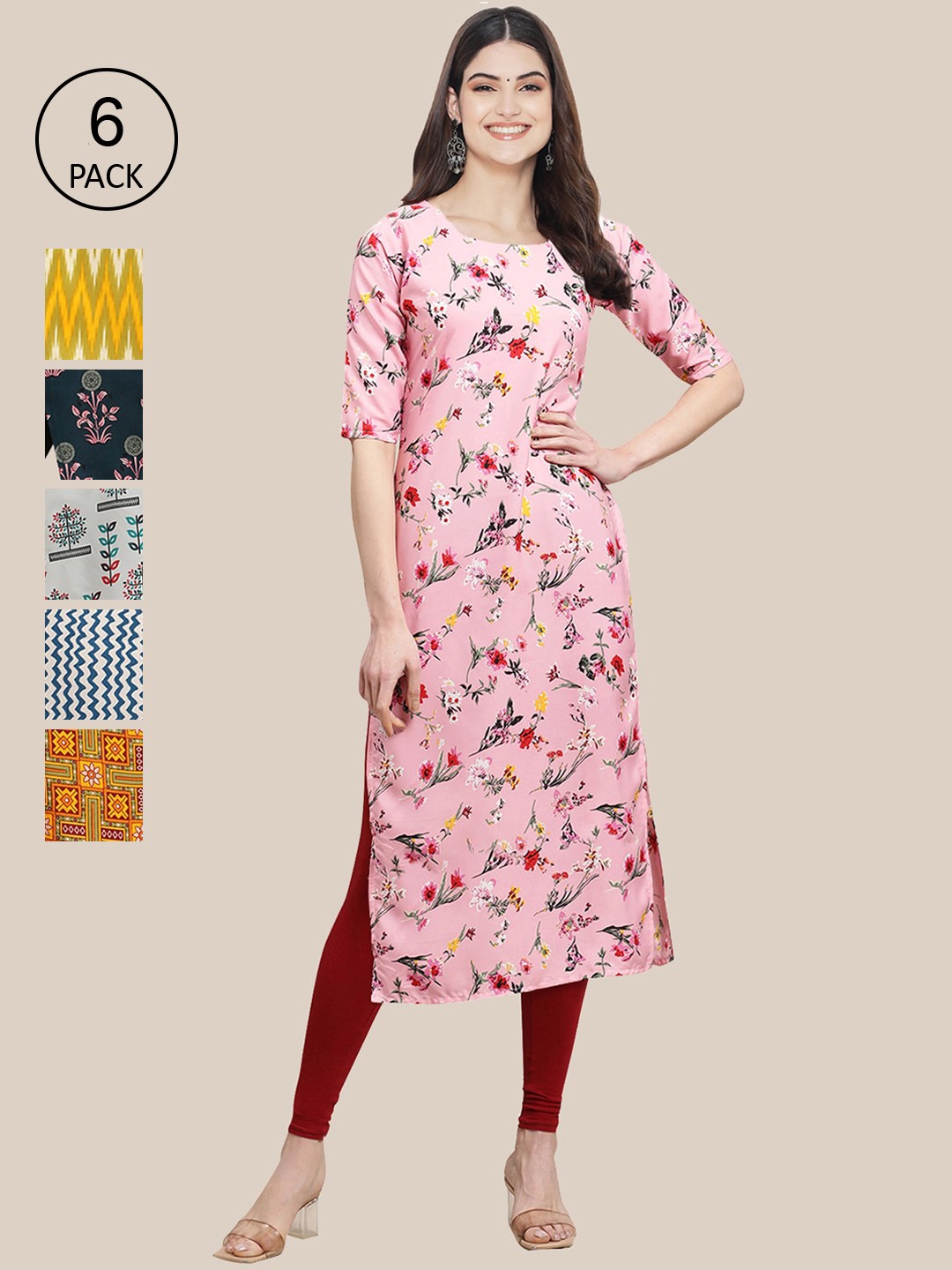 

7Threads Women Pack of 6 Floral Printed Summer Sheers Crepe Kurta, Pink