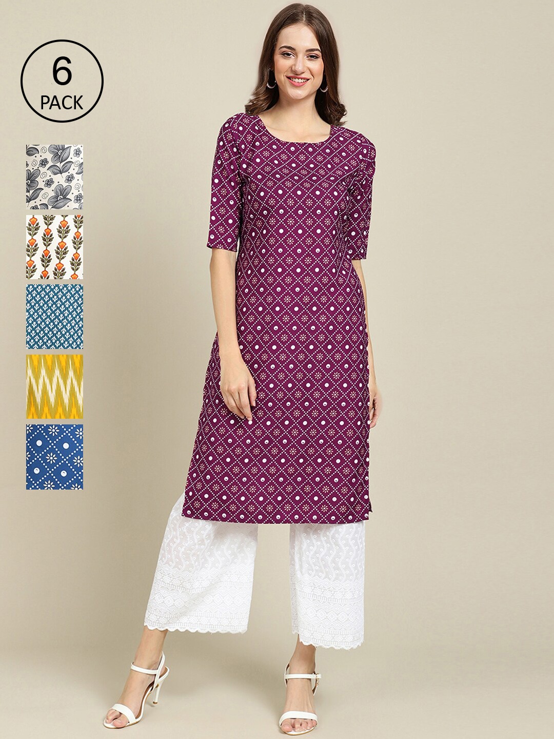 

7Threads Women Pack of 6 Geometric Printed Summer Sheers Crepe Kurta, Maroon