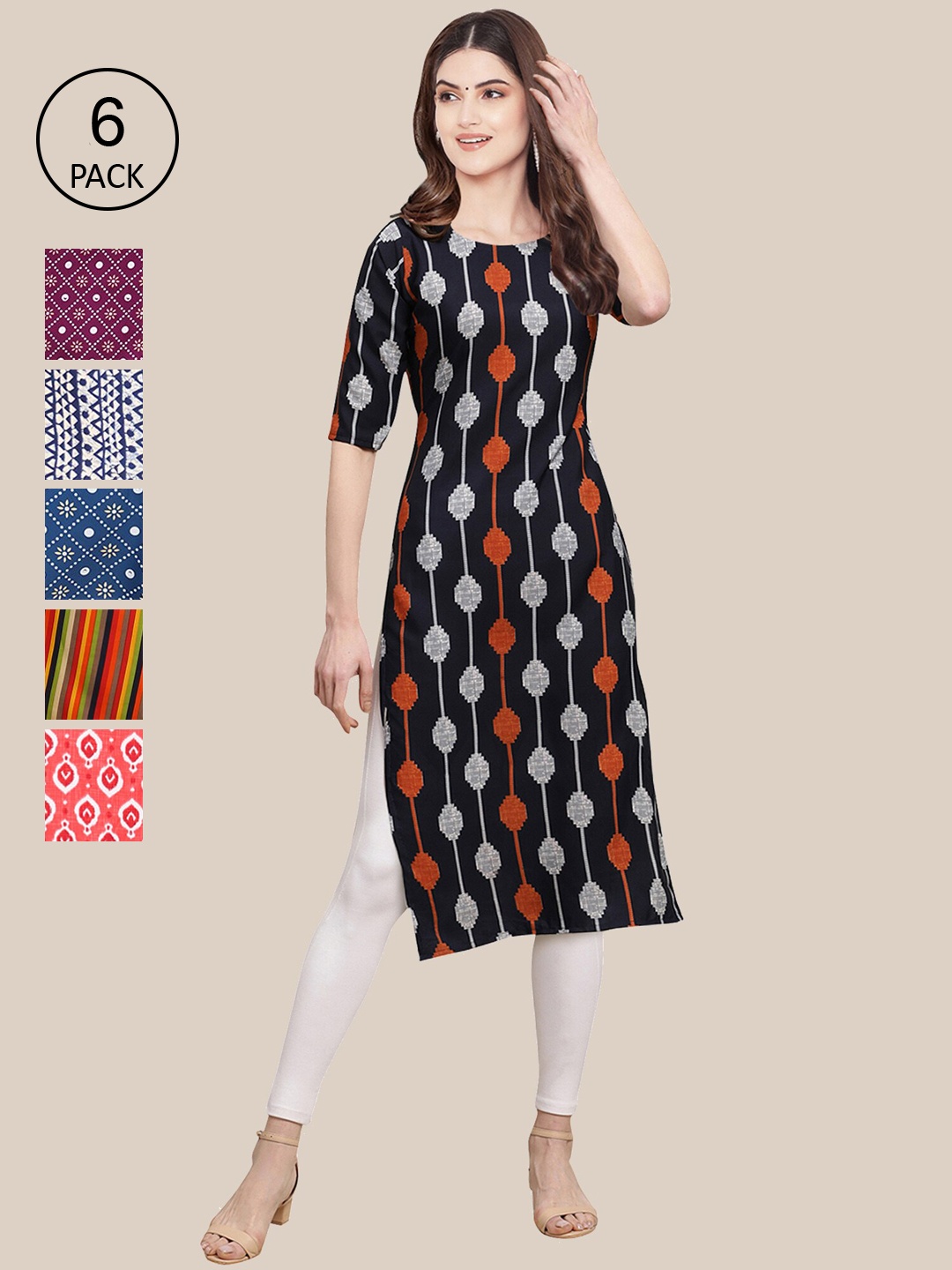 

7Threads Pack Of 6 Women Printed Straight Crepe Kurta, Black