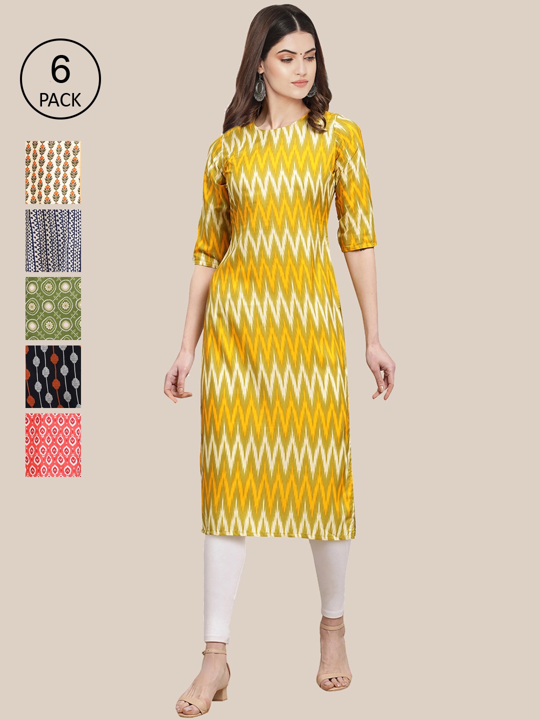 7Threads Women Pack Of 6 Printed Crepe Straight Kurta, Yellow