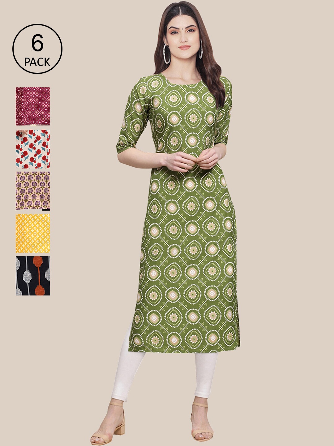 

7Threads Women Pack Of 4 Printed Crepe Straight Kurta, Green