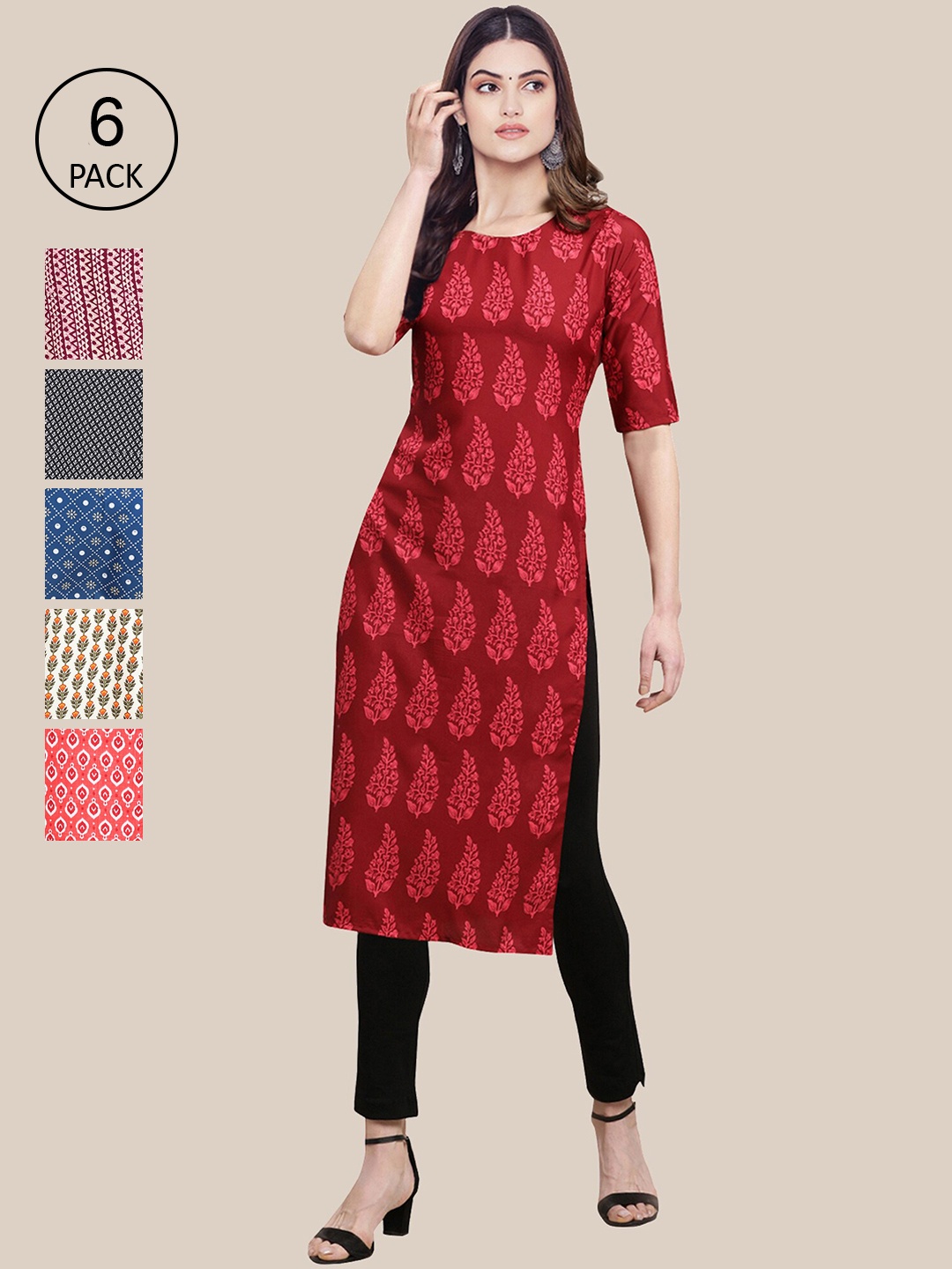 

7Threads Women Pack Of 6 Printed Crepe Straight Kurta, Red