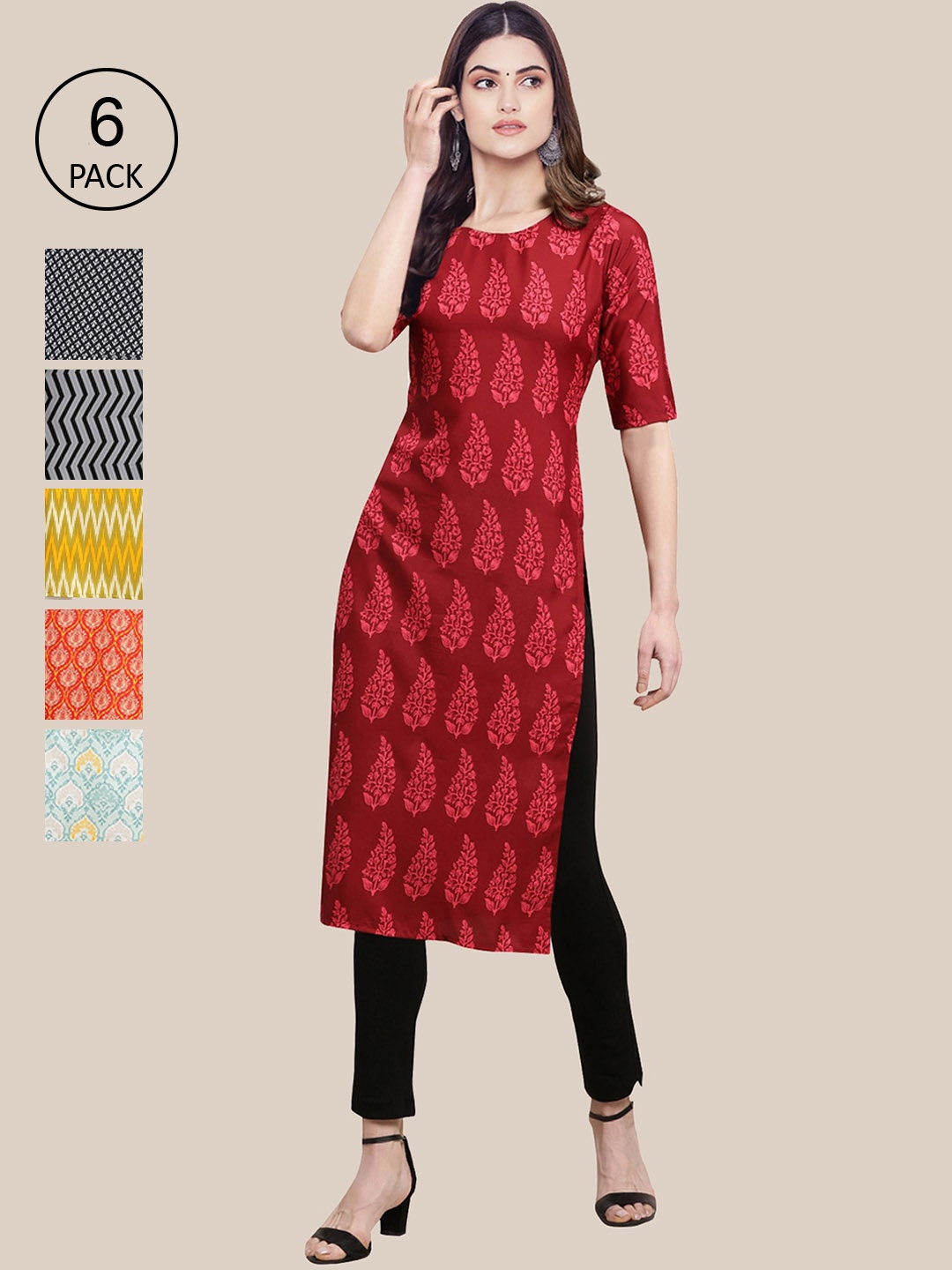 7Threads Women Pack of 6 Ethnic Motifs Printed Summer Sheers Crepe Kurta, Red