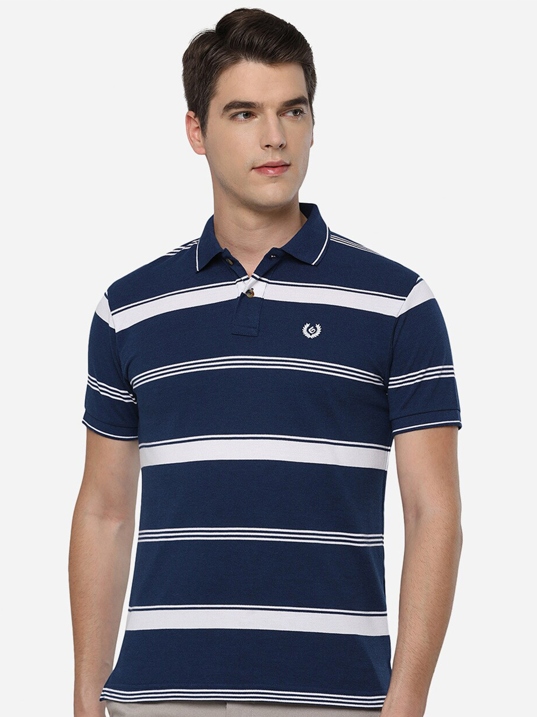 

Greenfibre Men Blue & White Striped Polo Collar Slim Fit T-shirt
