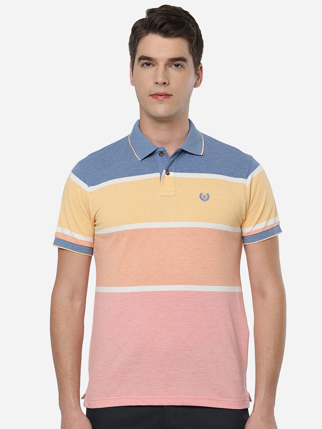 

Greenfibre Men Peach-Coloured & Blue Colourblocked Polo Collar Slim Fit T-shirt