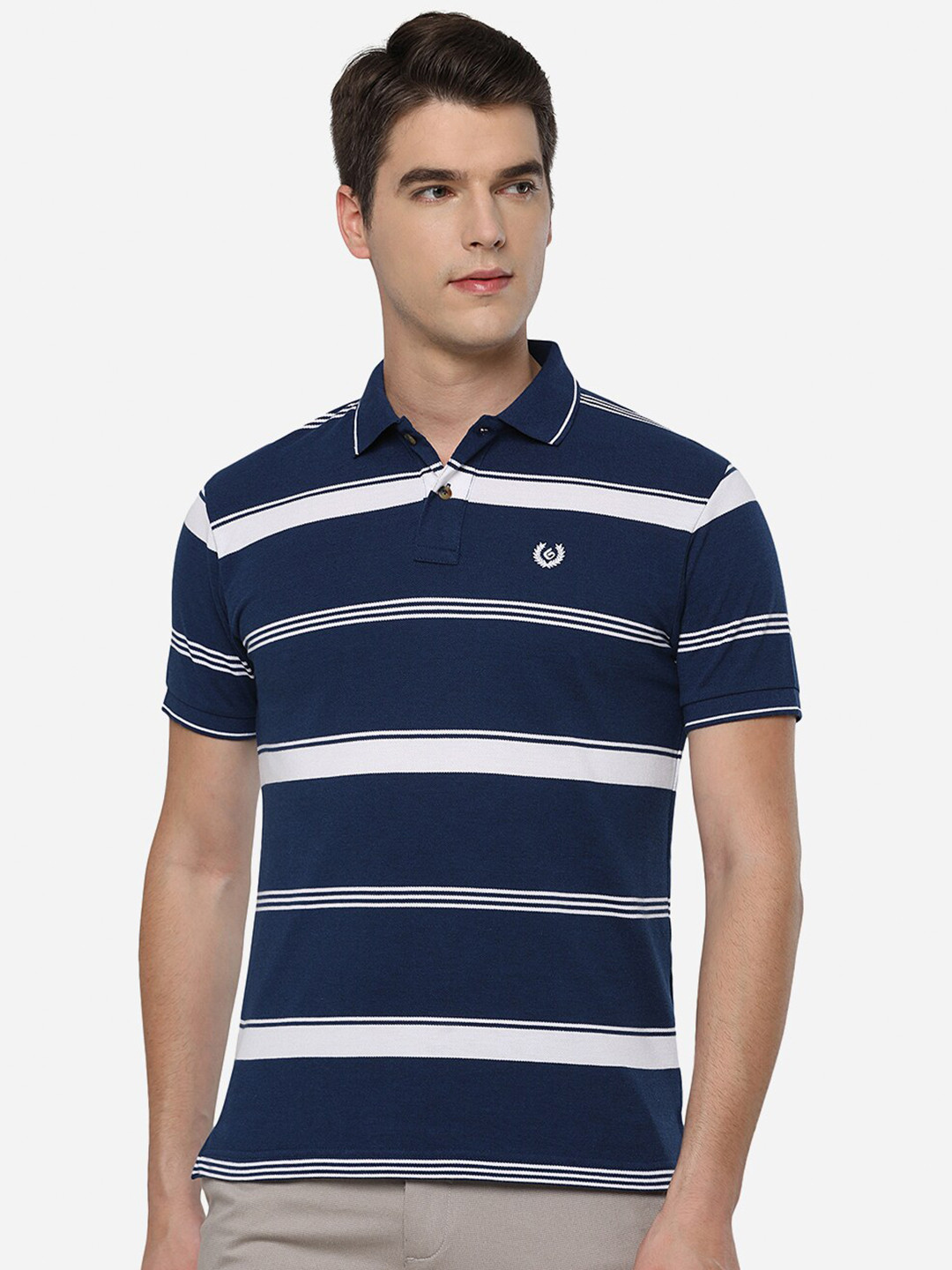 

Greenfibre Men Blue & White Striped Polo Collar Slim Fit T-shirt