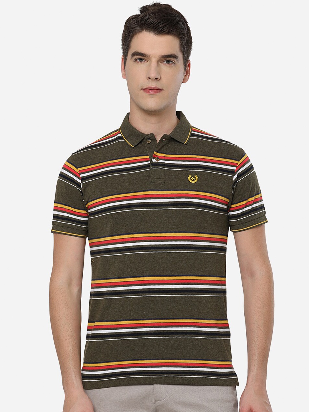 

Greenfibre Men Brown Striped Polo Collar Slim Fit T-shirt