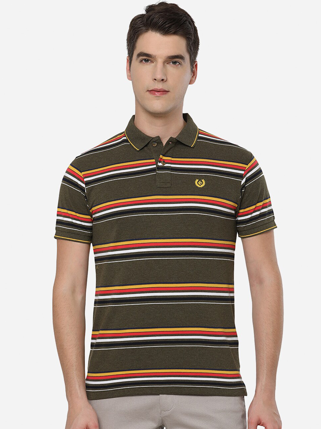 

Greenfibre Men Brown Striped Polo Collar Slim Fit T-shirt