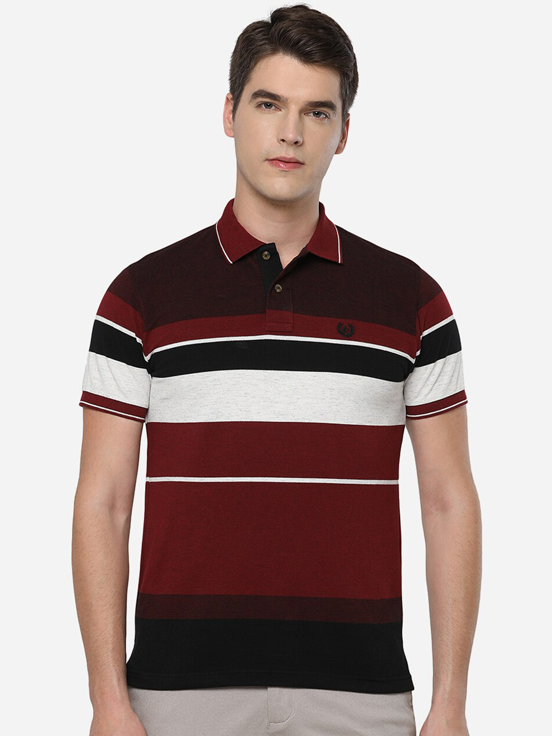 

Greenfibre Men Red Striped Polo Collar Slim Fit T-shirt