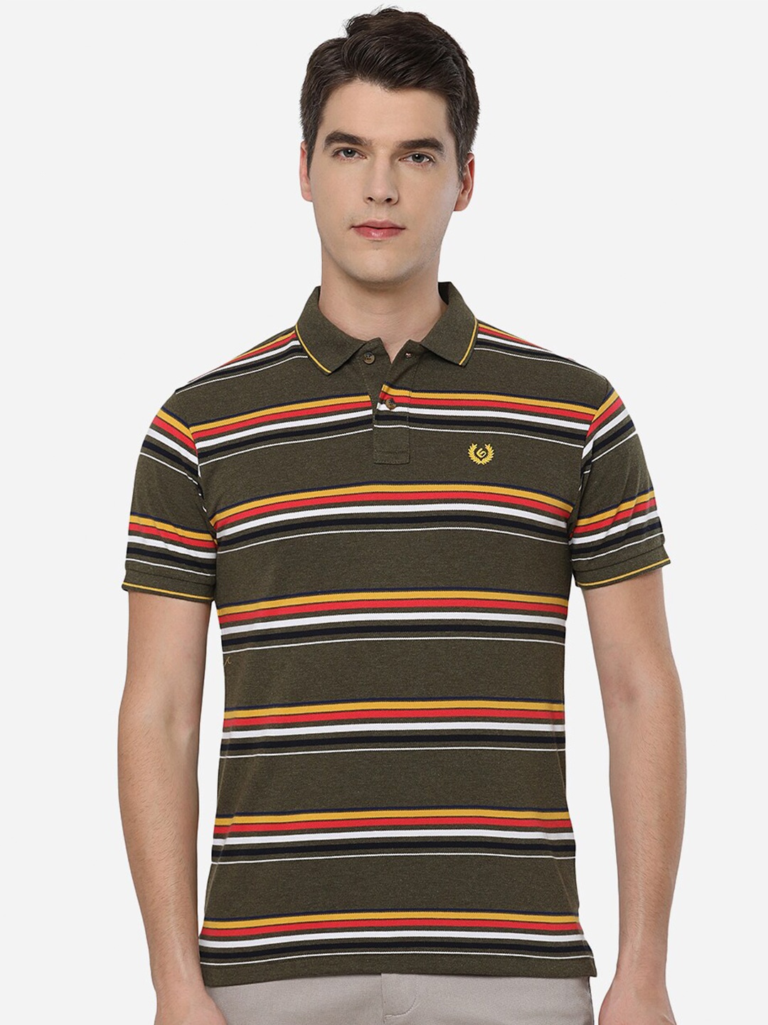 

Greenfibre Men Brown Striped Polo Collar Slim Fit T-shirt