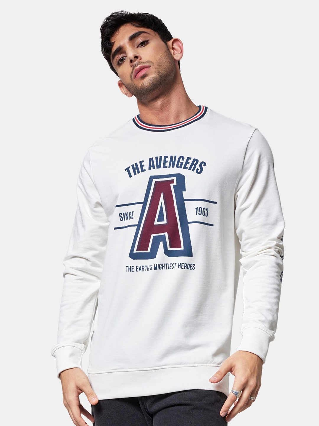 

The Souled Store Men Pure Cotton Marvel From The Universe White Printed Sweatshirt
