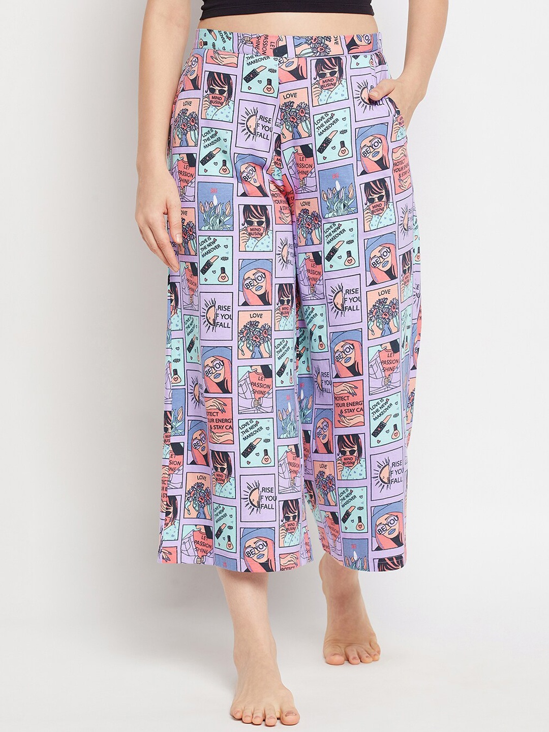 

Clovia Women Purple & Blue Printed Flared Pure Cotton Lounge Pants