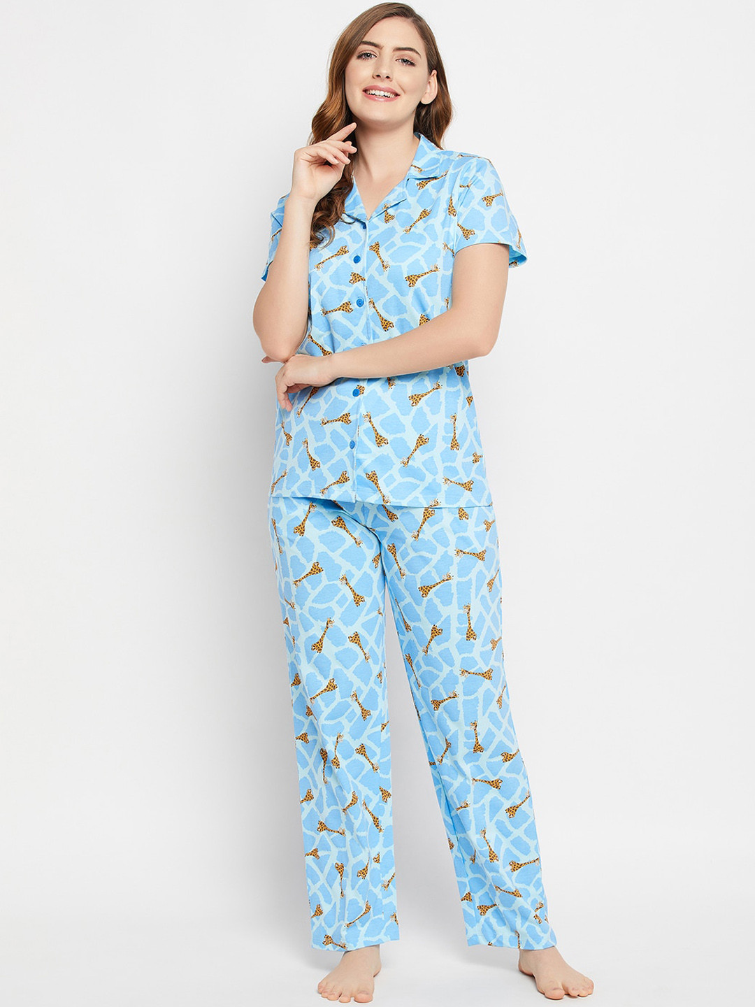 

Clovia Women Pure Cotton Pretty Button Me Up Shirt & Pyjama Set, Blue