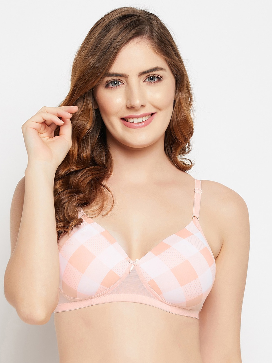 

Clovia Peach-Coloured & White Print Checkered Bra Lightly Padded