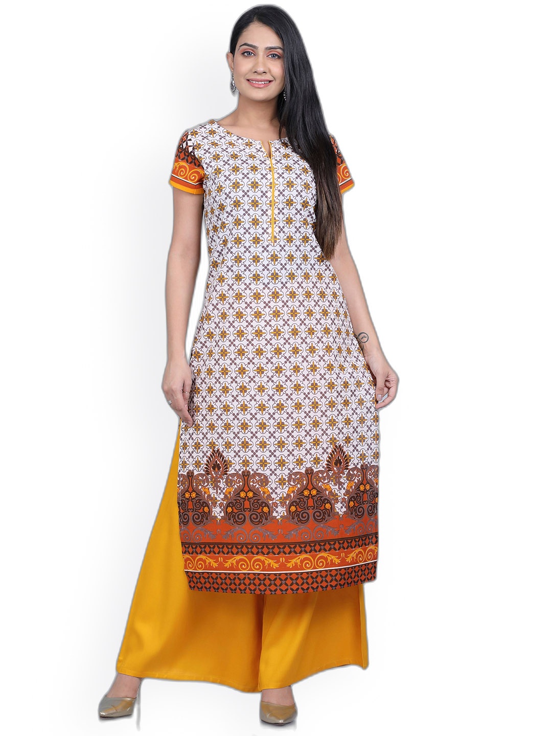 

SUTI Women White & Mustard Yellow Ethnic Motifs Printed Kurta